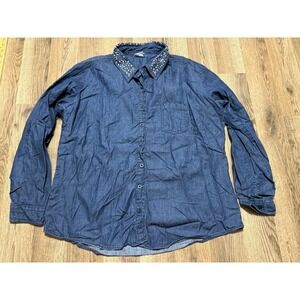 Adrian Dilafield Shirt, Women's Size XL, Blue, Jeans, Long Sleeve Button Up Gems